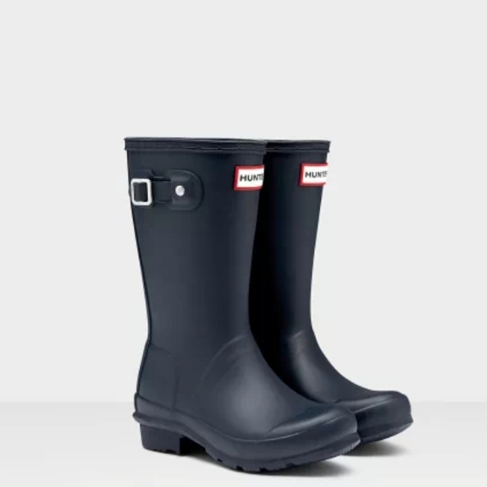 Hunter Kids Black/Navy Rain Boots with Red Logo